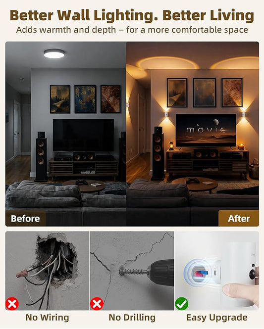 EZVALO Motion Sensor Wall Sconces, Battery Operated Wall Lights with 4000mAh Rechargeable Battery, 3 CCT & 12 RGB Remote LED Lights for Hallway, Stairway (White, 2 Pack)
