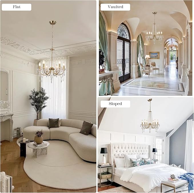Crystal Gold Chandeliers for Dining Room, Modern Candle Crystal Brass Chandelier Light Fixture, Vintage Pendant Light for Living Room Bedroom Bathroom Entryway Hallway E12 Bulbs D19 in x H24 in