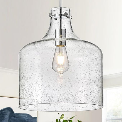 CATINER 12" Chrome Seeded Glass Pendant Light, Modern Farmhouse Hanging Ceiling Light Fixture for Kitchen Island, Dining Room, Hallway, Hand-Blown Bubble Glass Shade, E26 Dimmable Pendant Lighting
