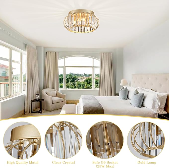 3-Light Modern Crystal Chandelier Gold Flush Mount Ceiling Light Fixtures for Hallway Foyer Bedroom Kitchen Dining Room Living Room, Metal Indoor ‎Close to Ceiling Lamp