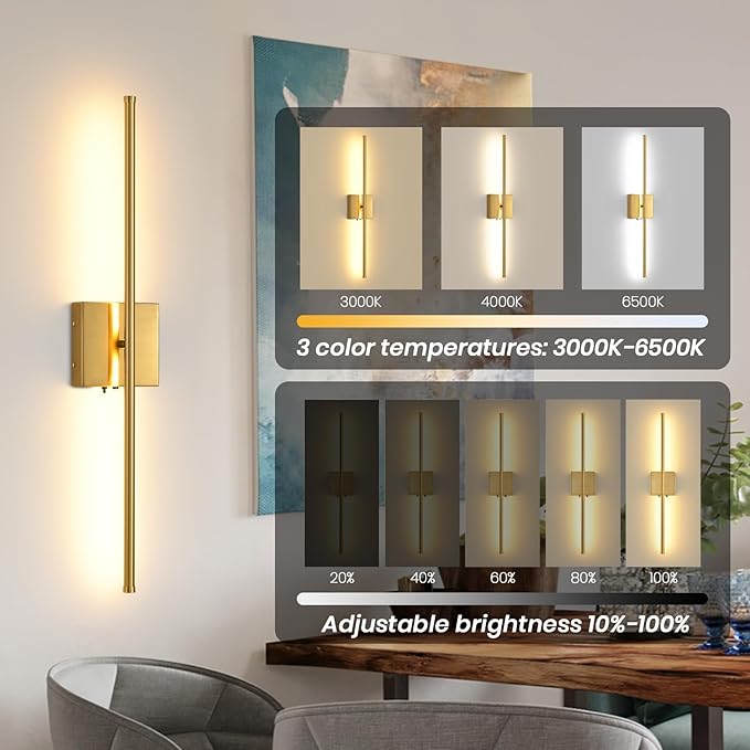 Battery Operated Wall Sconces Set of 2, 11000mAh Wireless Rechargeable Gold Wall Lights with Remote Control, 350°Rotate Dimmable Wall Lamp, 3 Color Temperatures, for Bedroom, Living Room, Hallway