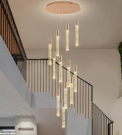 Modern High Ceiling Crystal Chandelier 12-Lights, Large Spiral LED Raindrop Foyer Pendant Lighting, Bubble Staircase Living Room Hanging Light Fixture Flush Mount Gold