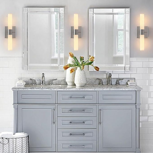 KUZZULL Wall Sconces Set of Two Brushed Nickel Bathroom Sconces Wall Decor Set of 2 Modern Wall Light Fixtures Metal Sconces Wall Lighting with Frosted Glass Shade Wall Mounted Lamp