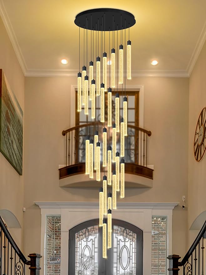 177‘’ Long Crystal Column Chandelier 30-Light Extra Large Black Staircase Chandelier High Ceiling Dimmable Led Ceiling Lighting Foyer Entryway Light Source is Replaceable