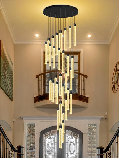 177‘’ Long Crystal Column Chandelier 30-Light Extra Large Black Staircase Chandelier High Ceiling Dimmable Led Ceiling Lighting Foyer Entryway Light Source is Replaceable
