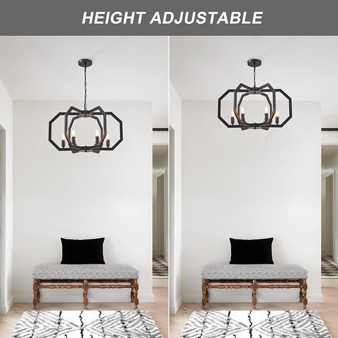 Lanhall 6 Light Farmhouse Chandelier Black Dining Room Light Fixture Modern Rustic Geometric Hanging Pendant Light for Living Room, kitchen Island, Foyer, Entryway, Hallway, Stairway Adjustable Height