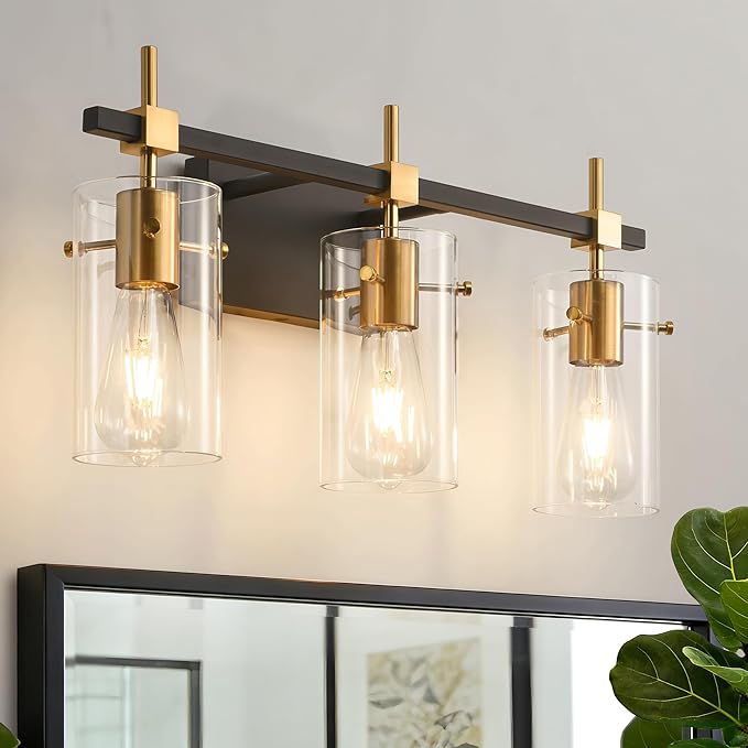 SOLFART Vintage Vanity Lights Bathroom Light Fixture Over Mirror for Bath Glass Shade Light Black and Brass Modern Style 3 Lights