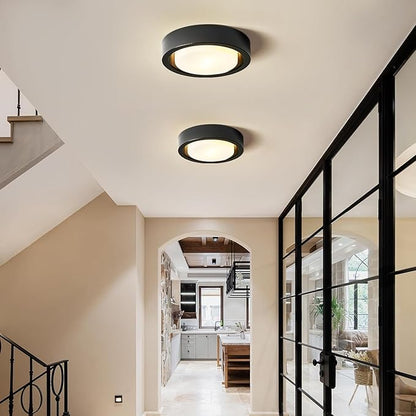 Black Flush Mount Ceiling Light,13 Inch Matte Black Ceiling Lighting Fixture,2-Light Modern Round Metal Lamp with White Frosted Glass Shade for Hallway Bedroom Closet Outdoor