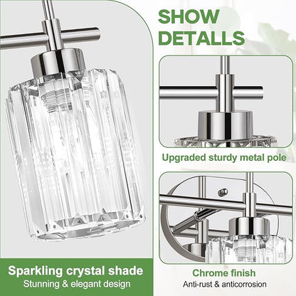 Modern Crystal Bathroom Vanity Light, 3-Light Chrome Vanity Light with Clear K9 Crystal Shades, Bathroom Light Fixtures Over Mirror (Bulbs Not Included)