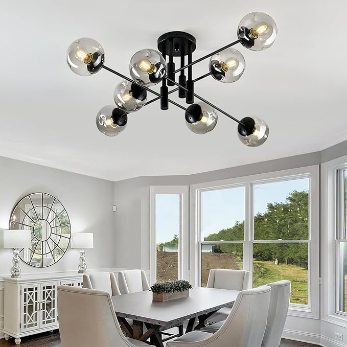 8 Light Glass Globe Ceiling Light Black Mid Century Flush Mount Sputnik Light Fixture Bubble Chandelier Living Room Farmhouse for Dining Room Kitchen Bedroom.