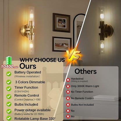 Battery Operated Wall Sconces Set of 2, 330° Rotation 3000K-6000K Dimmable Wireless Wall Sconce with Clear Glass Gold 10400mAh USB Rechargeable Wall Lights with Remote Bulbs Included 2 Pack