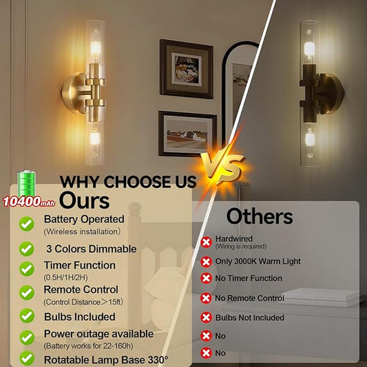 Battery Operated Wall Sconces Set of 2, 330° Rotation 3000K-6000K Dimmable Wireless Wall Sconce with Clear Glass Gold 10400mAh USB Rechargeable Wall Lights with Remote Bulbs Included 2 Pack