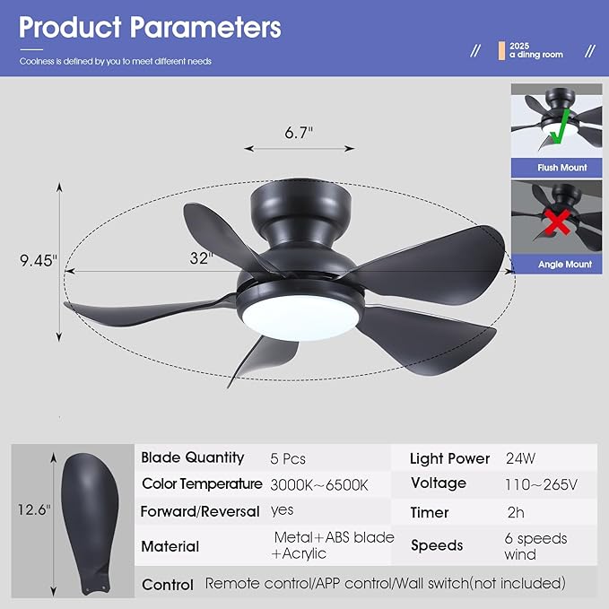 Kviflon 32 Inch Modern Ceiling Fans with Lights, Small Flush Mount Ceiling Fan with Light and Remote/APP Control, 5 Reversible 6 Speeds Curved Blades, 3 CCT Dimmable Lights for Bedroom, Black