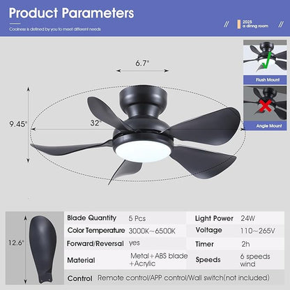 Kviflon 32 Inch Modern Ceiling Fans with Lights, Small Flush Mount Ceiling Fan with Light and Remote/APP Control, 5 Reversible 6 Speeds Curved Blades, 3 CCT Dimmable Lights for Bedroom, Black