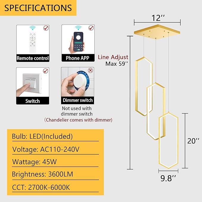 3-Rings Dimmable Pendant Lighting Adjust LED Chandelier Ceiling Light Fixtures for Kitchen Island Dining Room Living Room Bedroom Gold