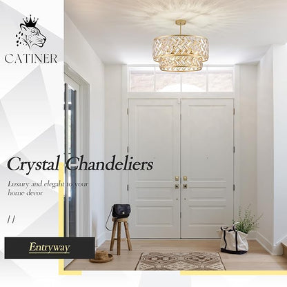 CATINER Gold Crystal Chandelier, 8-Light Drum Semi Flush Mount Ceiling Light, 24'' Luxury Brass Tone Pendant Fixture for Dining Room, Living Room, Kitchen, Foyer, Bedroom