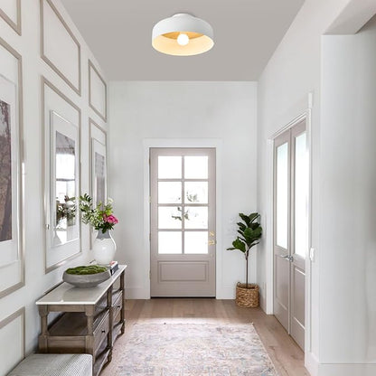 Modern Semi Flush Mount Ceiling Light with Natural Hickory Wood, 12.6" Matte White Light Fixture for Entryway, Hallway, Kitchen, E26 Base