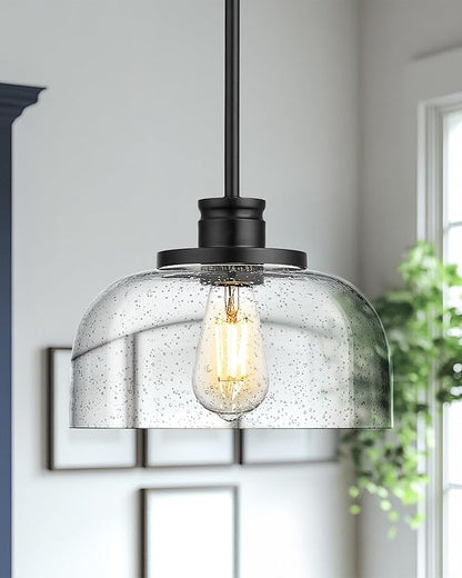 Emak Modern Black Pendant Light, 10 Inch Large Pendant Lights Kitchen Island with Seeded Glass Shade, Farmhouse Kitchen Island Lighting for Dining Room, Bathroom, Bar, PL131-BK-SG