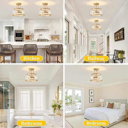 Brushed Gold Modern Ceiling Light Semi Flush Mount Hallway Lights Entryway Chandelier 3-Light Drum Glass Bathroom Ceiling Lighting Fixtures for Kitchen Foyer Bedroom Laundry Dining Room