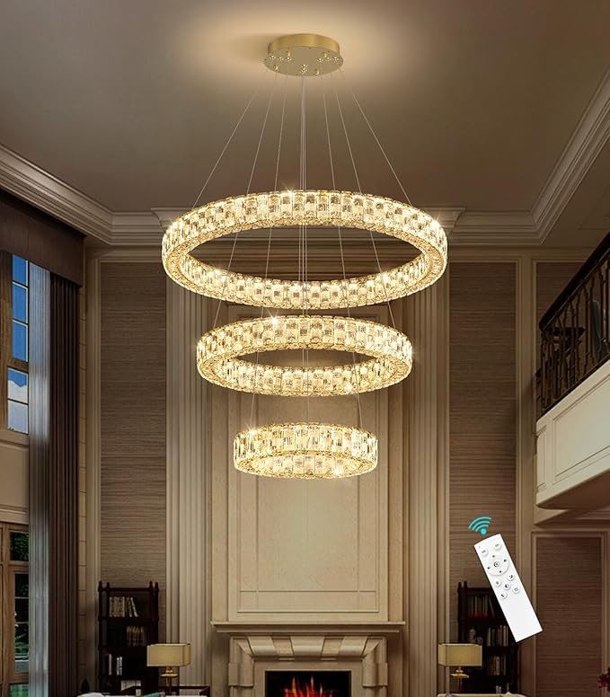 Rings LED Chandelier Modern Crystal Chandeliers Dimmable Pendant Light Fixture with Remote for Dining Room Living Room Gold