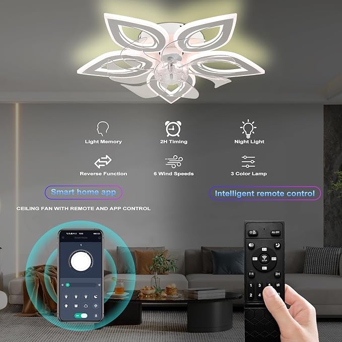 Ceiling Fans with Lights 20" Low Profile Flush Mount Fandelier Fan Lights Ceiling Fixtures with Remote/APP Control Dimmable 6 Speeds Reversible for Bedroom Chandelier Fan Living Room Kitchen