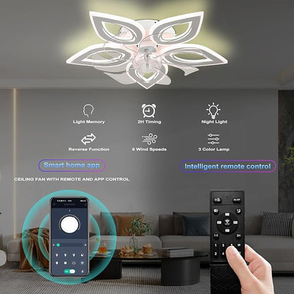 Ceiling Fans with Lights 20" Low Profile Flush Mount Fandelier Fan Lights Ceiling Fixtures with Remote/APP Control Dimmable 6 Speeds Reversible for Bedroom Chandelier Fan Living Room Kitchen