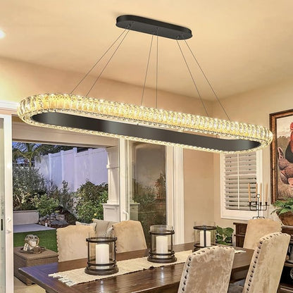 47'' Oval Ring Crystal Chandelier Modern LED Dimmable Ring Pendant Light Chandelier for Dining Room Living Room Black