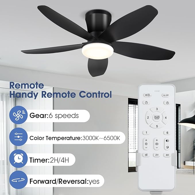 Surtime Ceiling Fans with Lights-36 Low Profile Ceiling Fan with Light and Remote Control,Flush Mount,DC Reversible,LED Dimmable Blakc Ceiling Fans for Bedroom,Indoor/Outdoor Patio Use