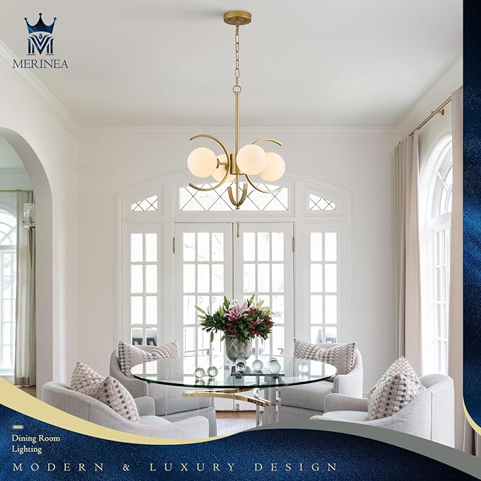 Modern Gold Sputnik Chandelier L16.5”4-Light Mid Century Milk Glass Globe Ceiling Pendant Light Fixture Small Industrial Chandeliers for Dining Room Kitchen Entryway Hallway