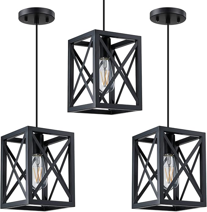 1 Light Hanging Rustic Farmhouse 6.3" Metal Lantern Cage Pendant Ceiling Light Fixture Over Sink Dining Room Bedroom Kitchen Island 3 Pack Black