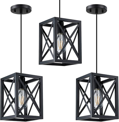 1 Light Hanging Rustic Farmhouse 6.3" Metal Lantern Cage Pendant Ceiling Light Fixture Over Sink Dining Room Bedroom Kitchen Island 3 Pack Black