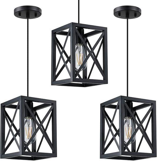 1 Light Hanging Rustic Farmhouse 6.3" Metal Lantern Cage Pendant Ceiling Light Fixture Over Sink Dining Room Bedroom Kitchen Island 3 Pack Black