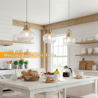 9in Mid Century Modern Clear Glass Pendant Light Fixture, Small Gold Kitchen Island Pendants Light Glass Ceiling Hanging Lamp for Foyer Dining Room Bedroom Entryway Hallway Over Sink