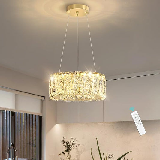 Modern Crystal Chandelier 8W Dimmable LED Crystal Pendant Light Fixtures Height Adjustable Round Gold Chandeliers for Dining Room Hallway Bedroom