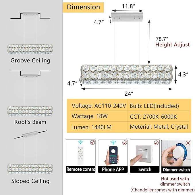 24'' Modern Crystal Chandelier for Dining Room Ceiling Light Fixture for Living Room Hallway Lighting LED Dimmable with Remote Silver