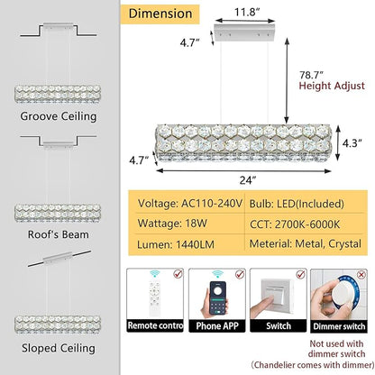 24'' Modern Crystal Chandelier for Dining Room Ceiling Light Fixture for Living Room Hallway Lighting LED Dimmable with Remote Silver