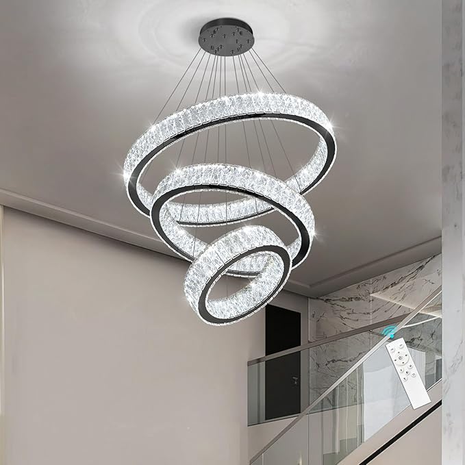 Modern Crystal Chandelier 55W Dimmable LED Chandeliers with Remote Luxury Height Adjustable Pendant Lighting for Living Room Dining Room Black