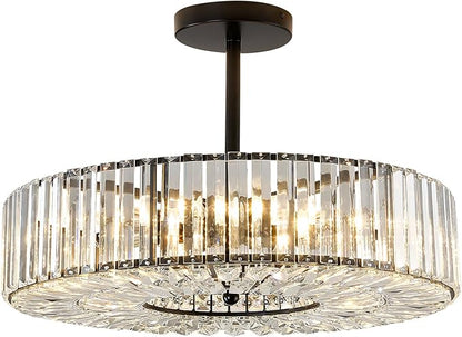 Piepooye 8 Lights Modern Large Crystal Chandelier Black Round Semi Flush Mount Ceiling Light Fixture Farmhouse Chandelier for Dinning Room Living Room Bedroom Hallway Entryway Kitchen