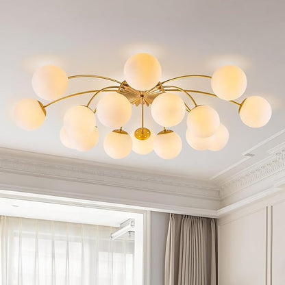 Longree 16-Light Mid Century Modern Sputnik Chandelier Brushed Gold Flush Mount Ceiling Lights with Blossom Accent Milk Glass Globe Bubble Light Fixture for Dining Living Bedroom