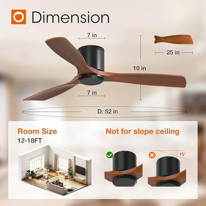 addlon 52 inch Ceiling Fans No Lights, Low Profile Ceiling Fan with Remote Control, Flush Mount, Reversible, 3 Wood Blades, 6 Speeds, Noiseless, Black Walnut Ceiling Fan for Indoor/Outdoor Use