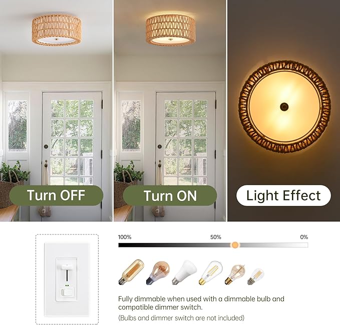 Boho Ceiling Light Fixtures 12.6" Flush Mount Ceiling Light, Hand-Woven Rattan Light Fixture for Bedroom Close to Ceiling Light Modern Ceiling Light for Foyer Hallway Entryway Kids Room