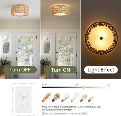 Boho Ceiling Light Fixtures 12.6" Flush Mount Ceiling Light, Hand-Woven Rattan Light Fixture for Bedroom Close to Ceiling Light Modern Ceiling Light for Foyer Hallway Entryway Kids Room