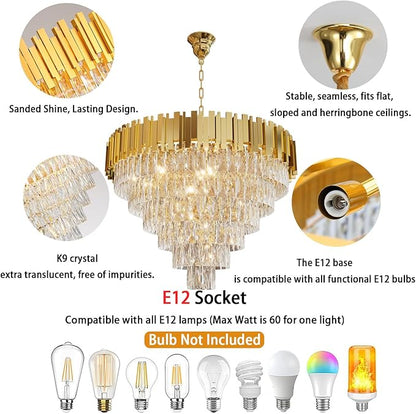 Modern Crystal Chandelier 32" Round K9 Crystal Ceiling Light Adjustable Gold 6-Tier Chandelier with 13 Lights Elegant Fixture for Dining Room Living Room Foyer