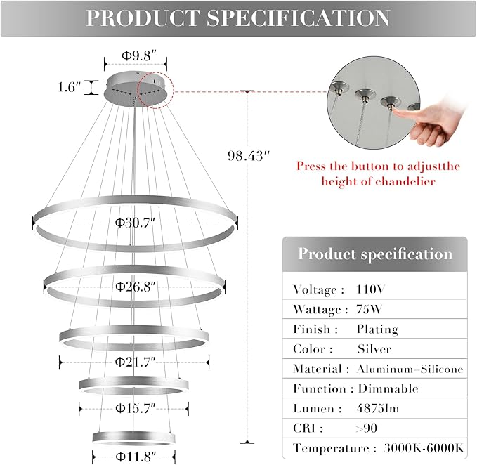 Modern LED Chandeliers 5-Ring Chandelier High Ceiling Chandelier 31" Large Foyer Chandeliers Entryway Silver Dimmable Pendant Light Fixture for Living Room Staircase, 3000K-6500K