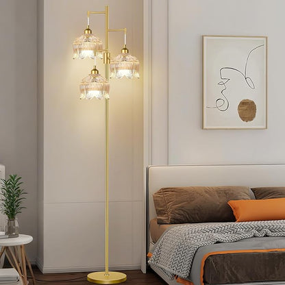 Dimmable Floor Lamps for Living Room Bedroom-3 Light Gold Floor Lamp with Glass Lampshape, Flower Tall Lamp Mid Century Modern Standing Lamp Glass Tree Floor Lamps for Living Room Bedroom,Corner