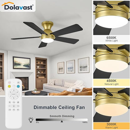 Ceiling Fans with Lights, 42 Inch Low Profile Ceiling Fan with Light and Remote Control, Flush Mount, Reversible, 3CCT, Dimmable LED, Quiet, Gold Ceiling Fan for Bedroom, Kitchen