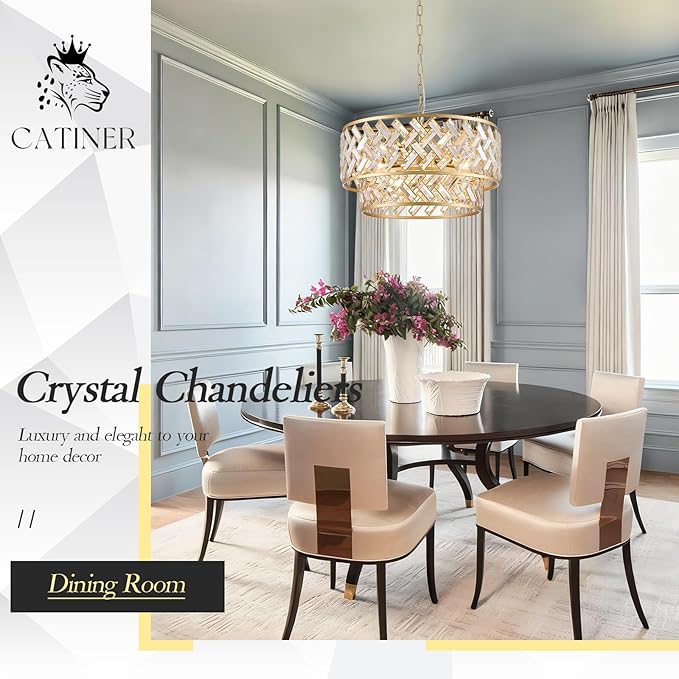 CATINER Gold Crystal Chandelier, 8-Light Drum Semi Flush Mount Ceiling Light, 24'' Luxury Brass Tone Pendant Fixture for Dining Room, Living Room, Kitchen, Foyer, Bedroom