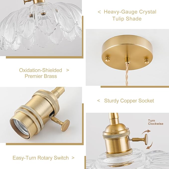 2 Pack Glass Pendant Lights Kitchen Island, Vintage Brass Pendant Light Fixtures, Adjustable Transparent Kitchen Pendant Lighting Over Island for Bedroom Living Room Hallway Dining Room