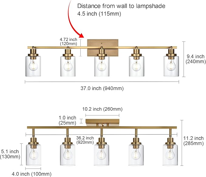 MELUCEE 5-Light Track Lighting Kit Brass Semi Flush Mount Ceiling Light Fixture with 5 Rotatable Light Heads, 37 Inch Modern Accent Lighting for Foyer Art Wall Kitchen, Clear Glass Shade