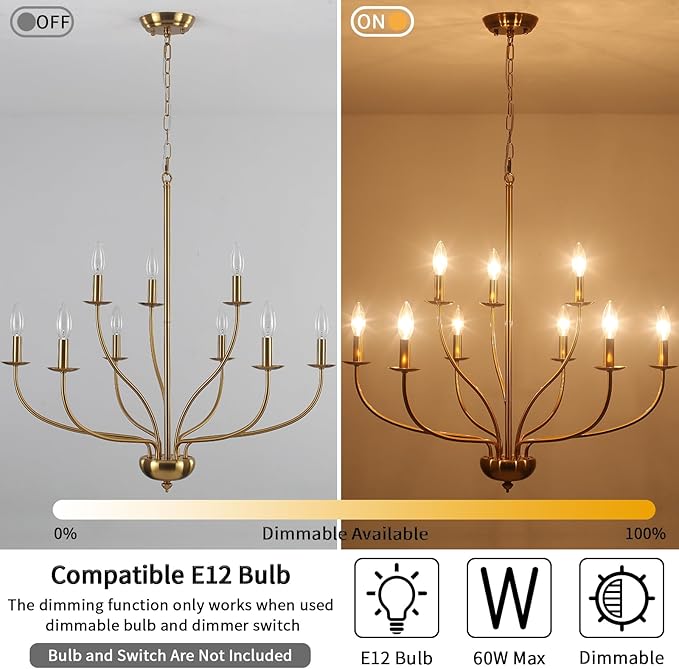 Gold Chandelier Light Fixture 9 Light Brass Chandelier for Dining Room, 30” Large Chandeliers for High Ceilings, Industrial Candle Farmhouse Chandelier for Living Room Kitchen Bedroom Entryway
